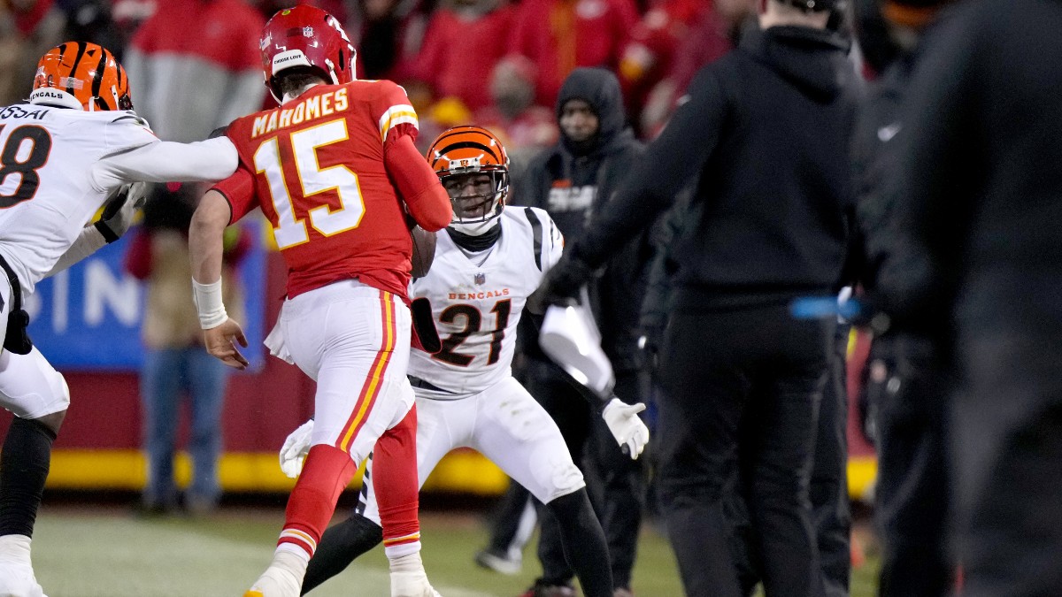 Cincinnati Bengals linebacker Joseph Ossai and Kansas City Chiefs quarterback Patrick Mahomes