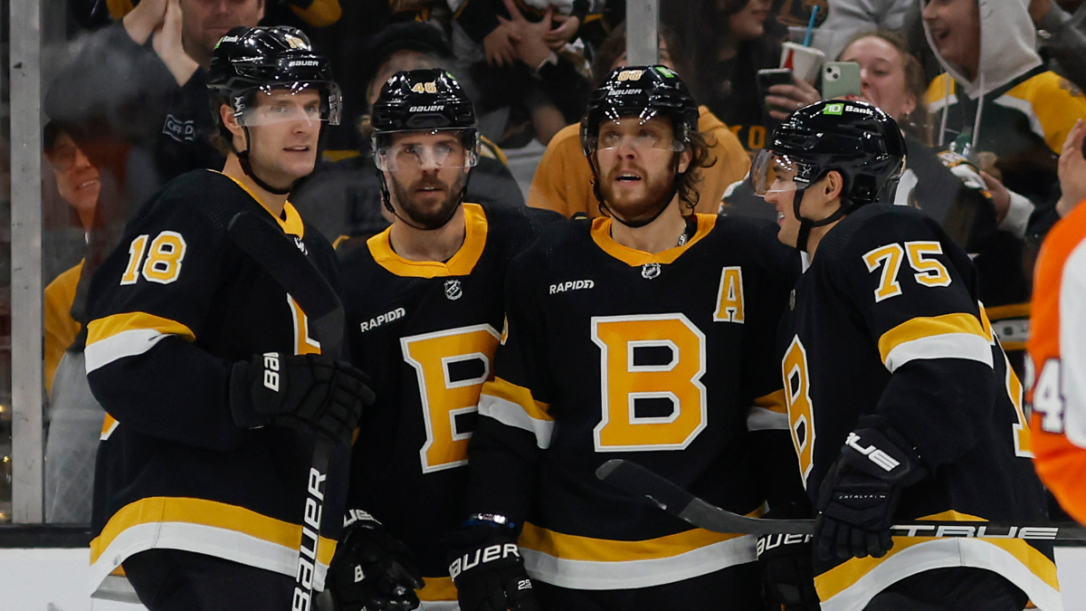 Boston Bruins forwards Pavel Zacha, David Krejci and David Pastrnak