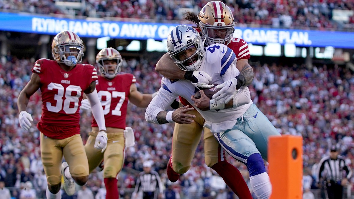 San Francisco 49ers safety Talanoa Hufanga and Dallas Cowboys quarterback Dak Prescott