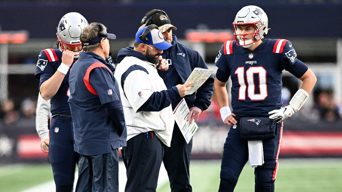 New England Patriots quarterback Mac Jones, head coach Bill Belichick, offensive assistant Matt Patricia