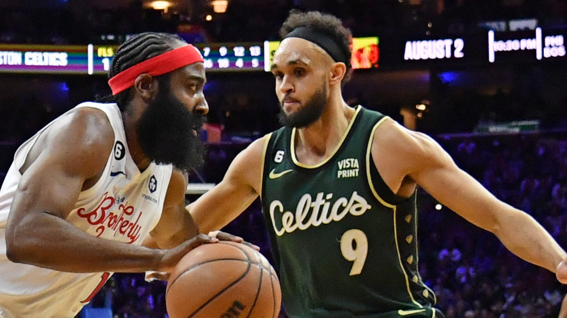 Boston Celtics guard Derrick White and Philadelphia 76ers guard James Harden