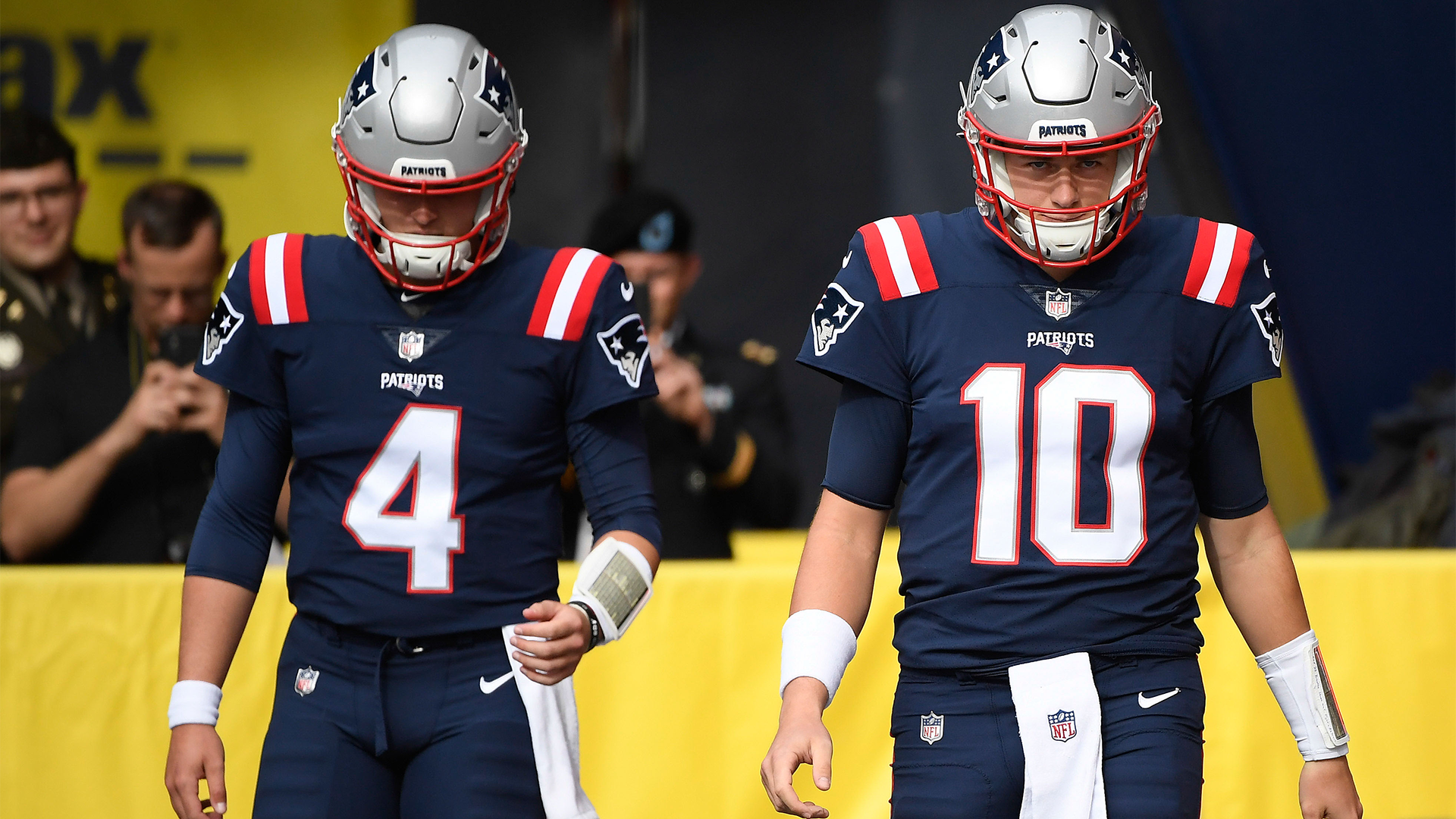 New England Patriots quarterbacks Mac Jones and Bailey Zappe