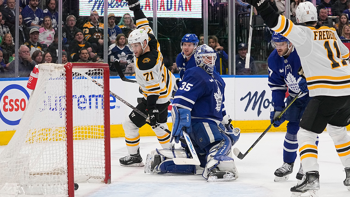 Boston bruins forward Taylor Hall and Toronto Maple Leafs goalie Ilya Samsonov