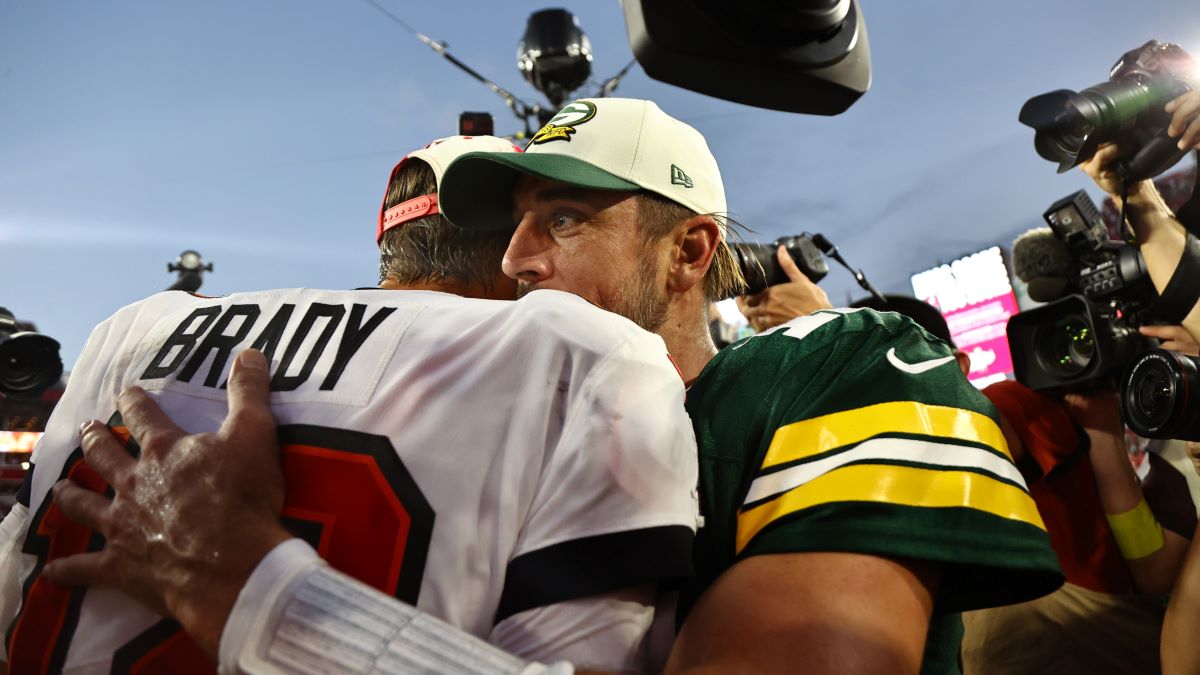 Former NFL quarterback Tom Brady and Green Bay Packers quarterback Aaron Rodgers
