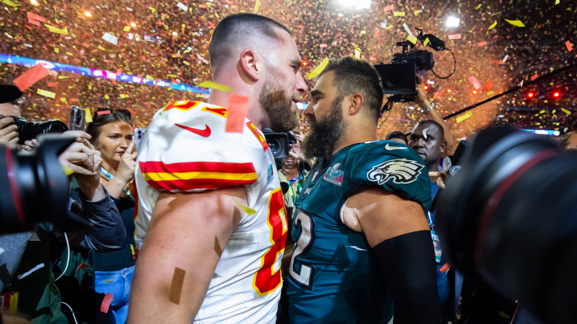 Kansas City Chiefs tight end Travis Kelce, Philadelphia Eagles center Jason Kelce