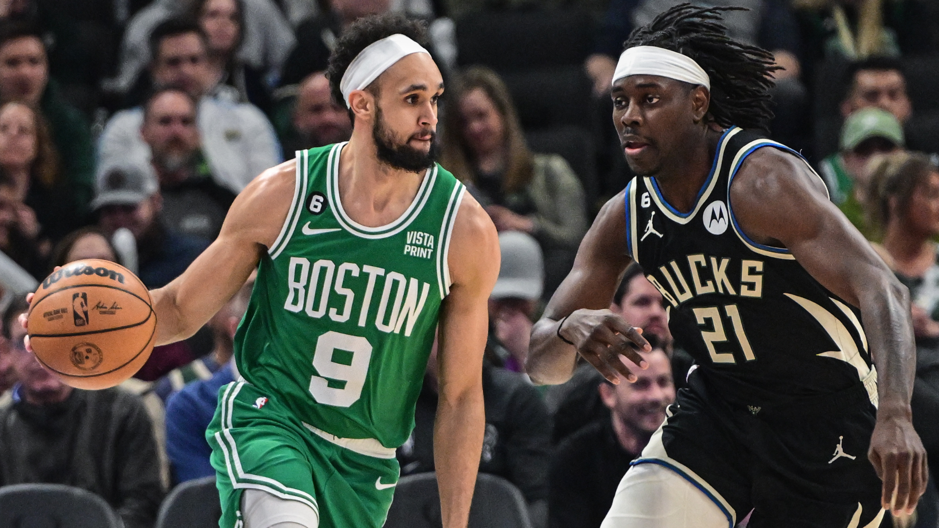 Boston Celtics guard Derrick White, Milwaukee Bucks guard Jrue Holiday