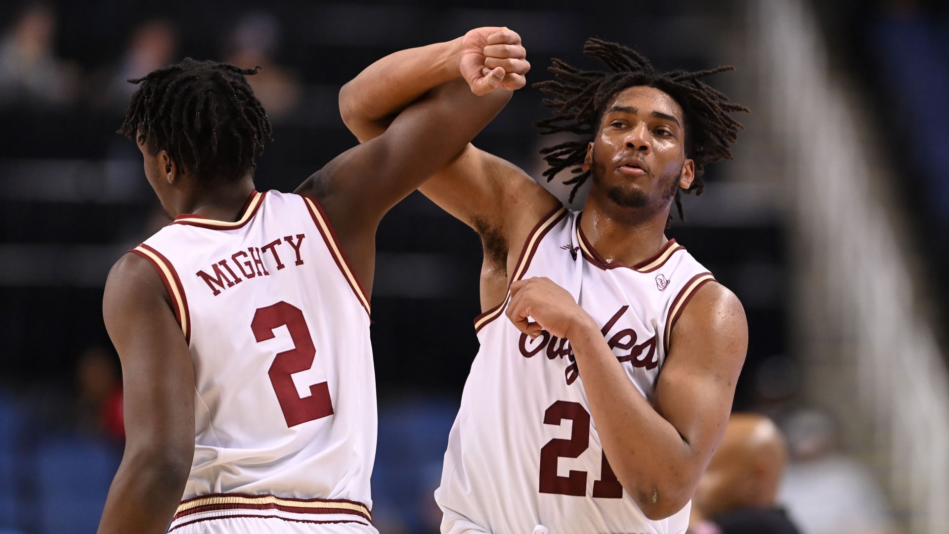 Boston College teammates Armani Mighty and Devin McGlockton