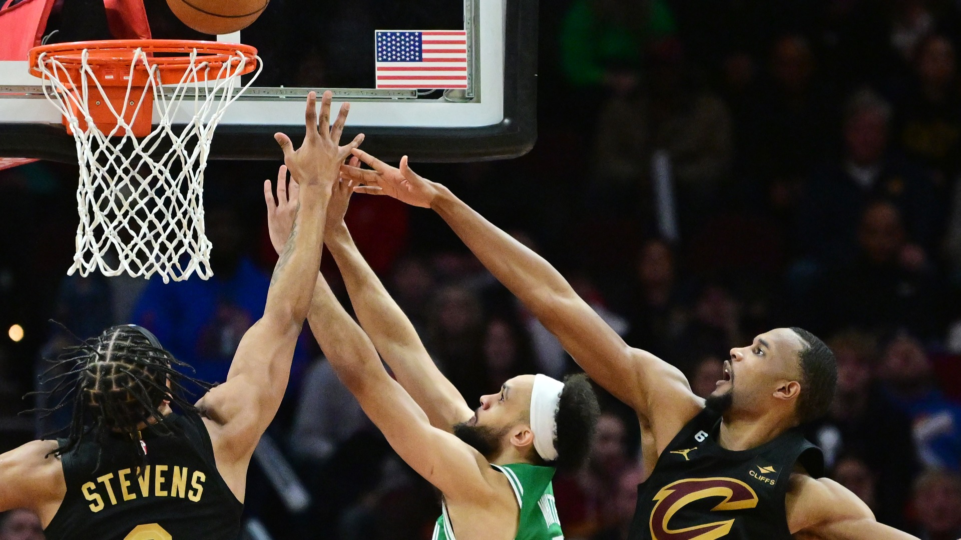 Cleveland Cavaliers forward Lamar Stevens, forward Evan Mobley, Boston Celtics guard Derrick White