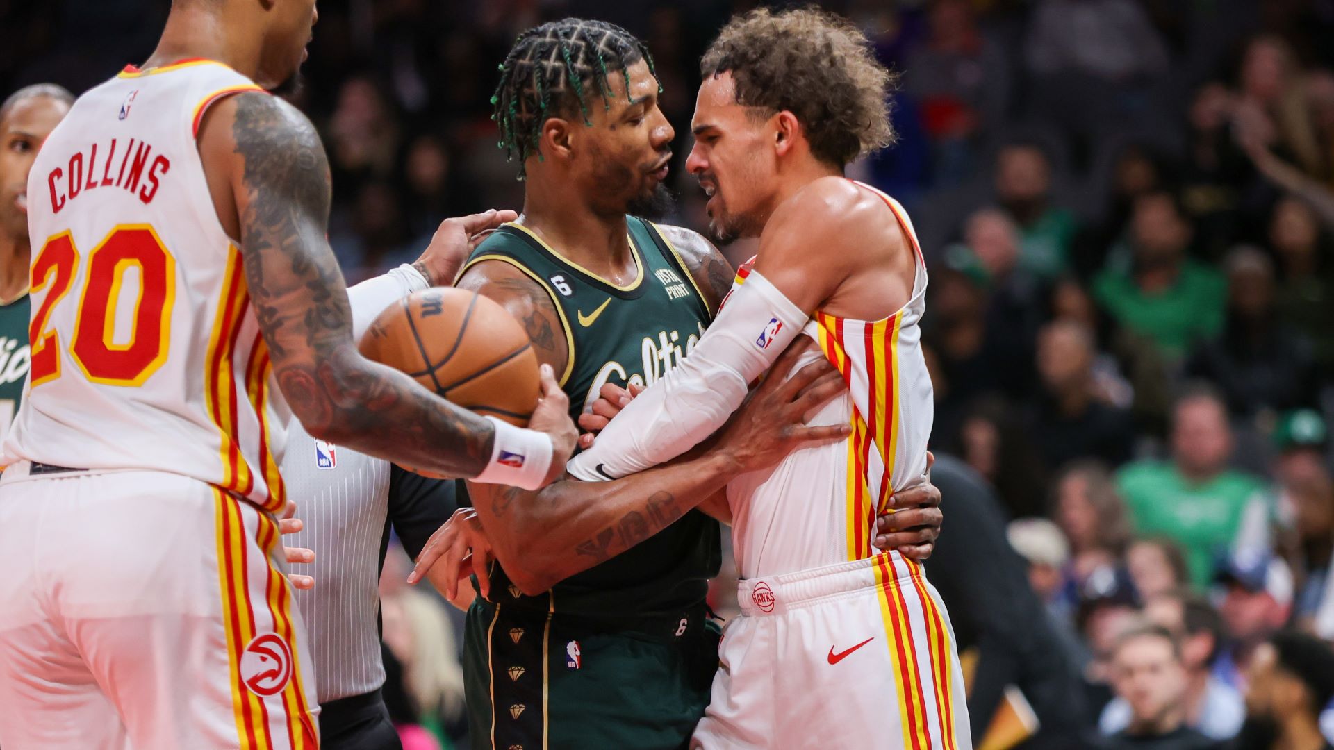 Boston Celtics guard Marcus Smart and Atlanta Hawks guard Trae Young