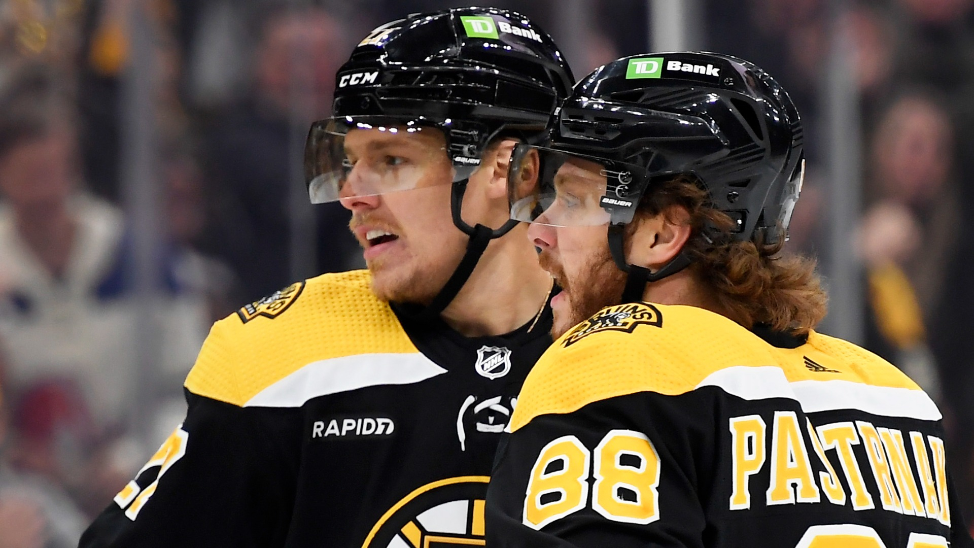 Boston Bruins defenseman Hampus Lindholm, forward David Pastrnak