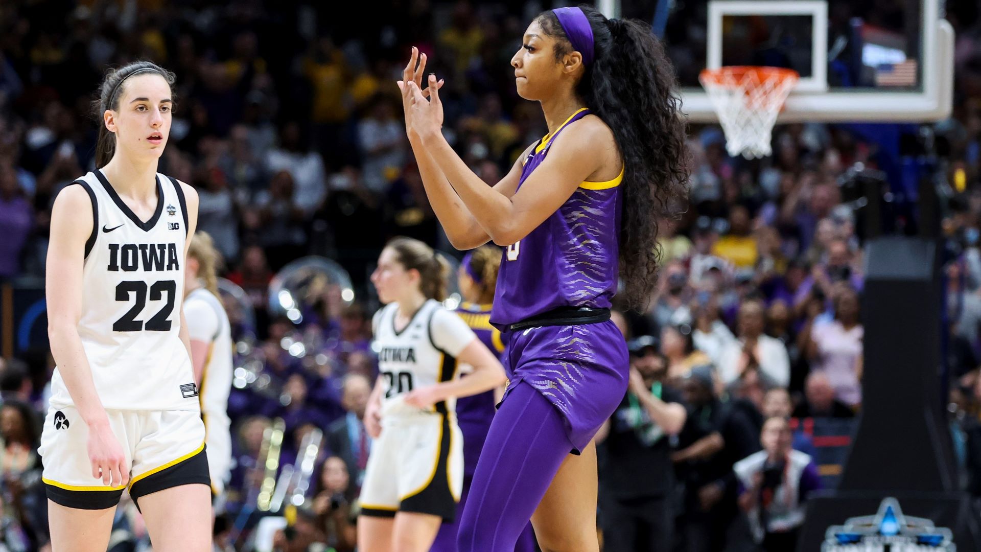 Iowa guard Caitlin Clark and LSU foward Angel Reese