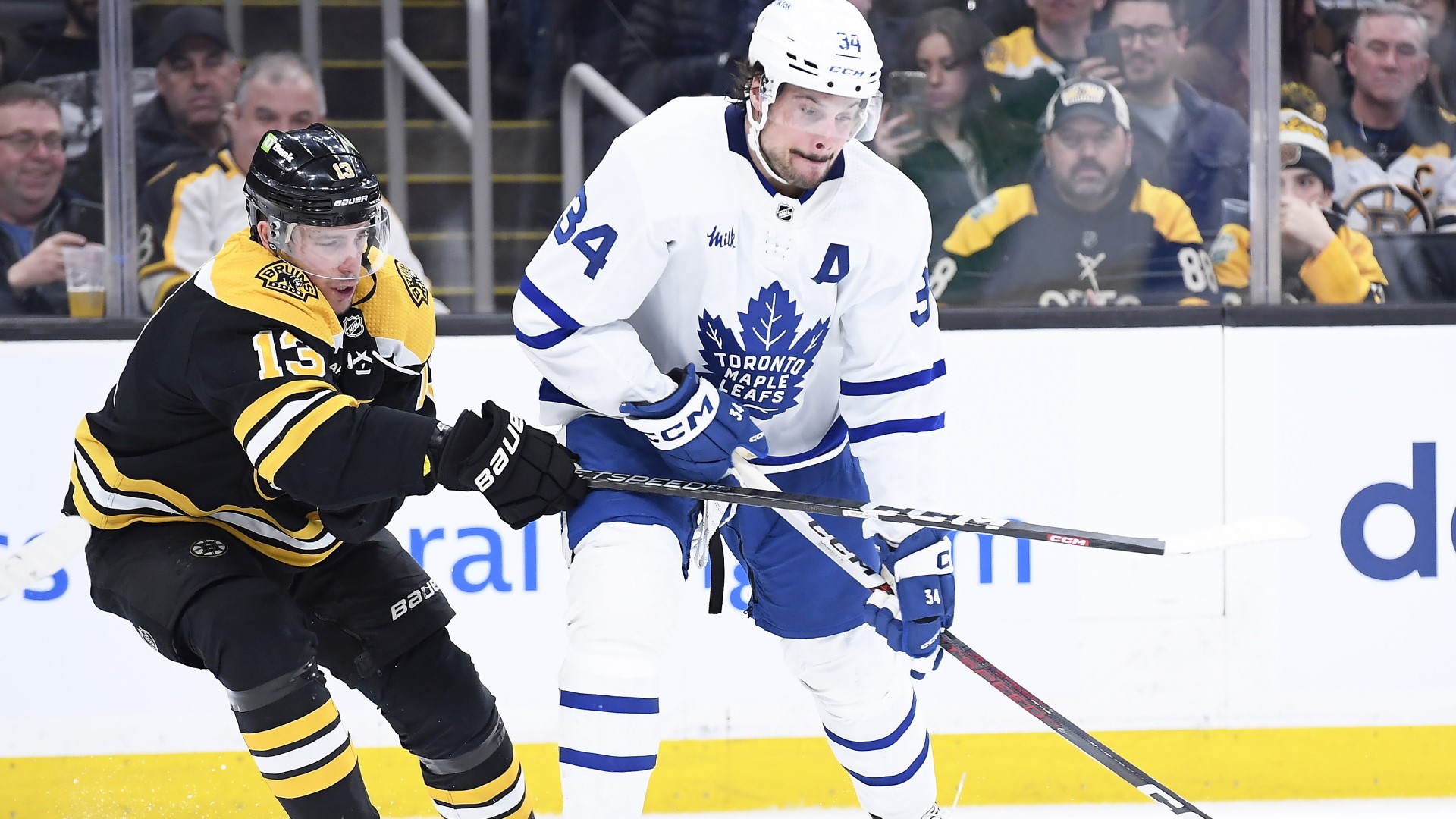 Bruins forward Charlie Coyle, Maple Leafs forward Auston Matthews