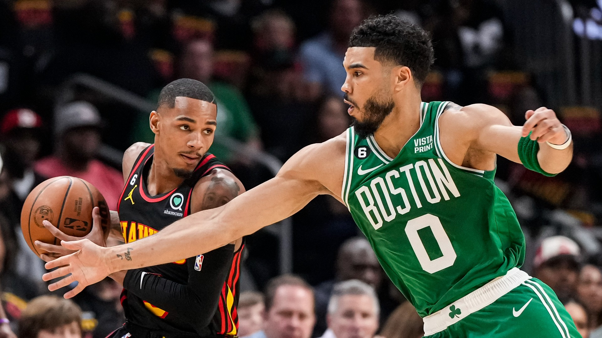 Atlanta Hawks guard Dejounte Murray and Boston Celtics forward Jayson Tatum