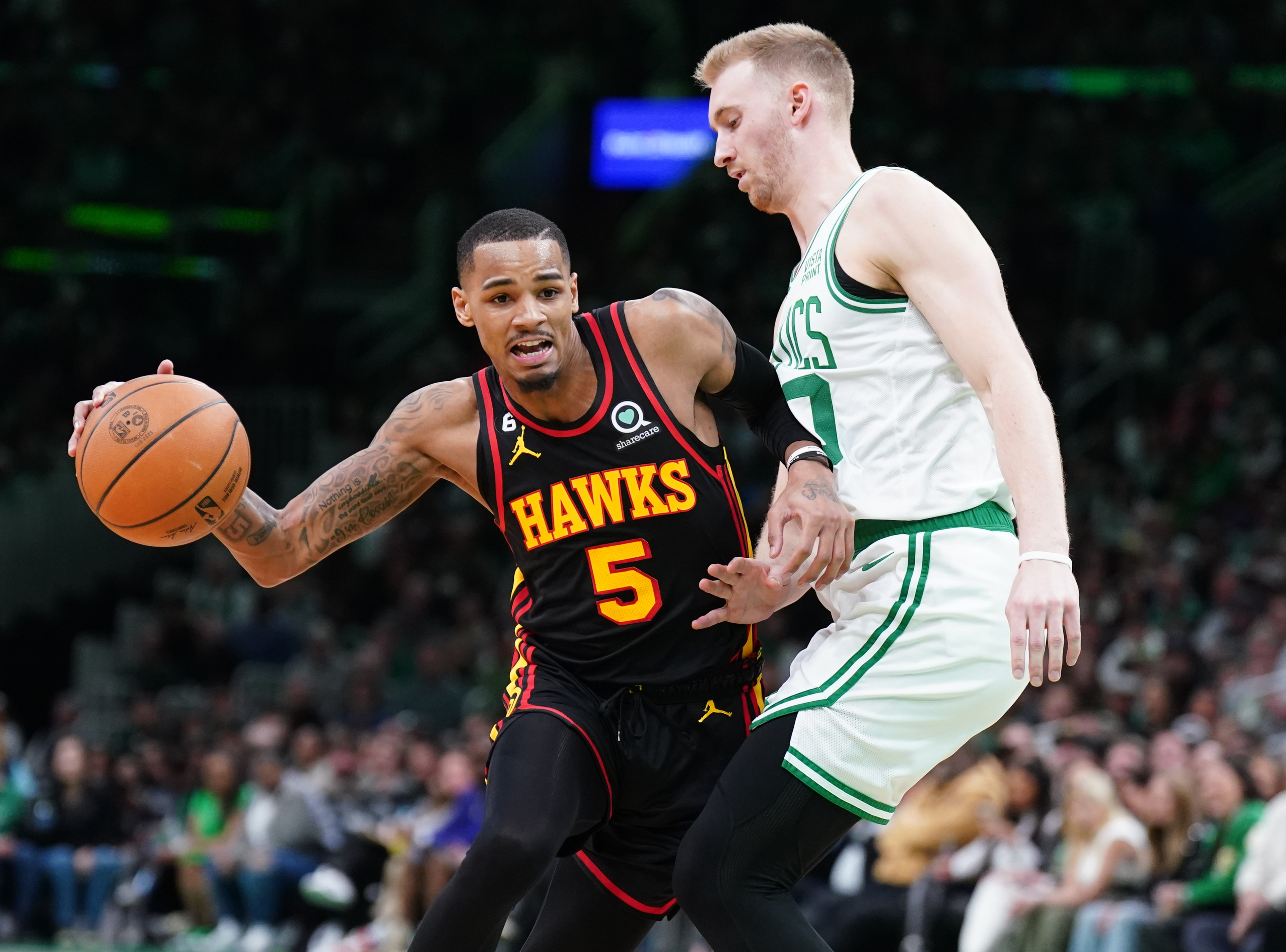 Atlanta Hawks guard Dejounte Murray and Boston Celtics forward Sam Hauser