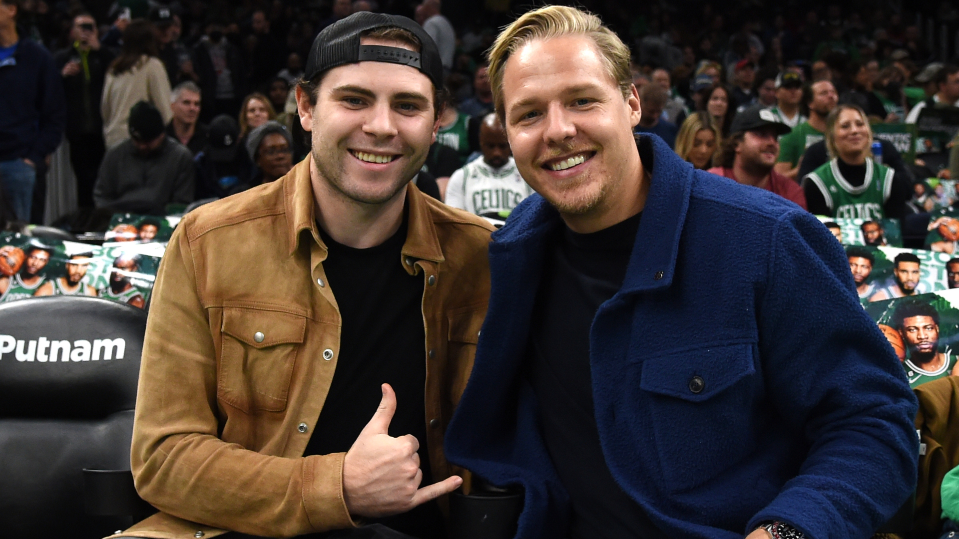 Boston Bruins forward Jake DeBrusk and defenseman Hampus Lindholm