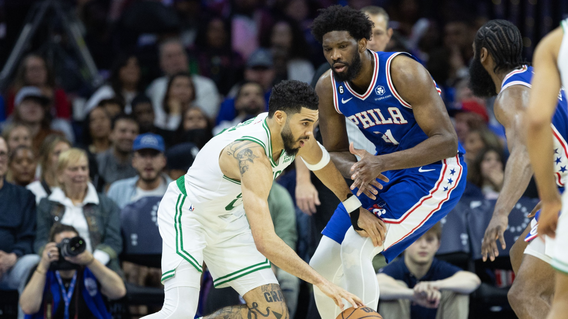 Boston Celtics forward Jayson Tatum, Philadelphia 76ers center Joel Embiid