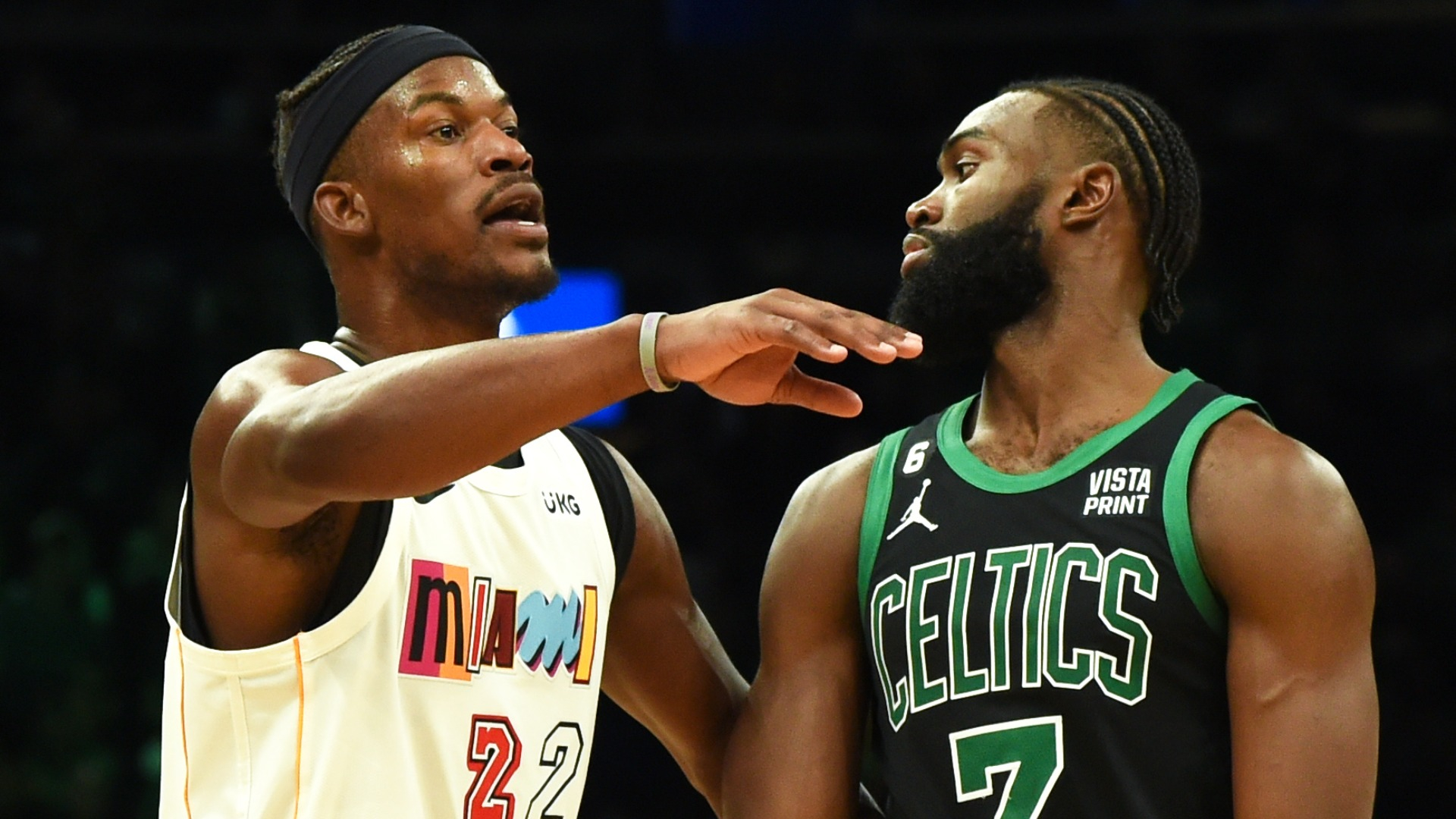 Miami Heat forward Jimmy Butler and Boston Celtics guard Jaylen Brown