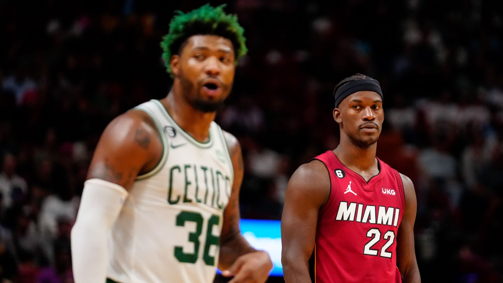 Boston Celtics guard Marcus Smart and Miami Heat guard Jimmy Butler