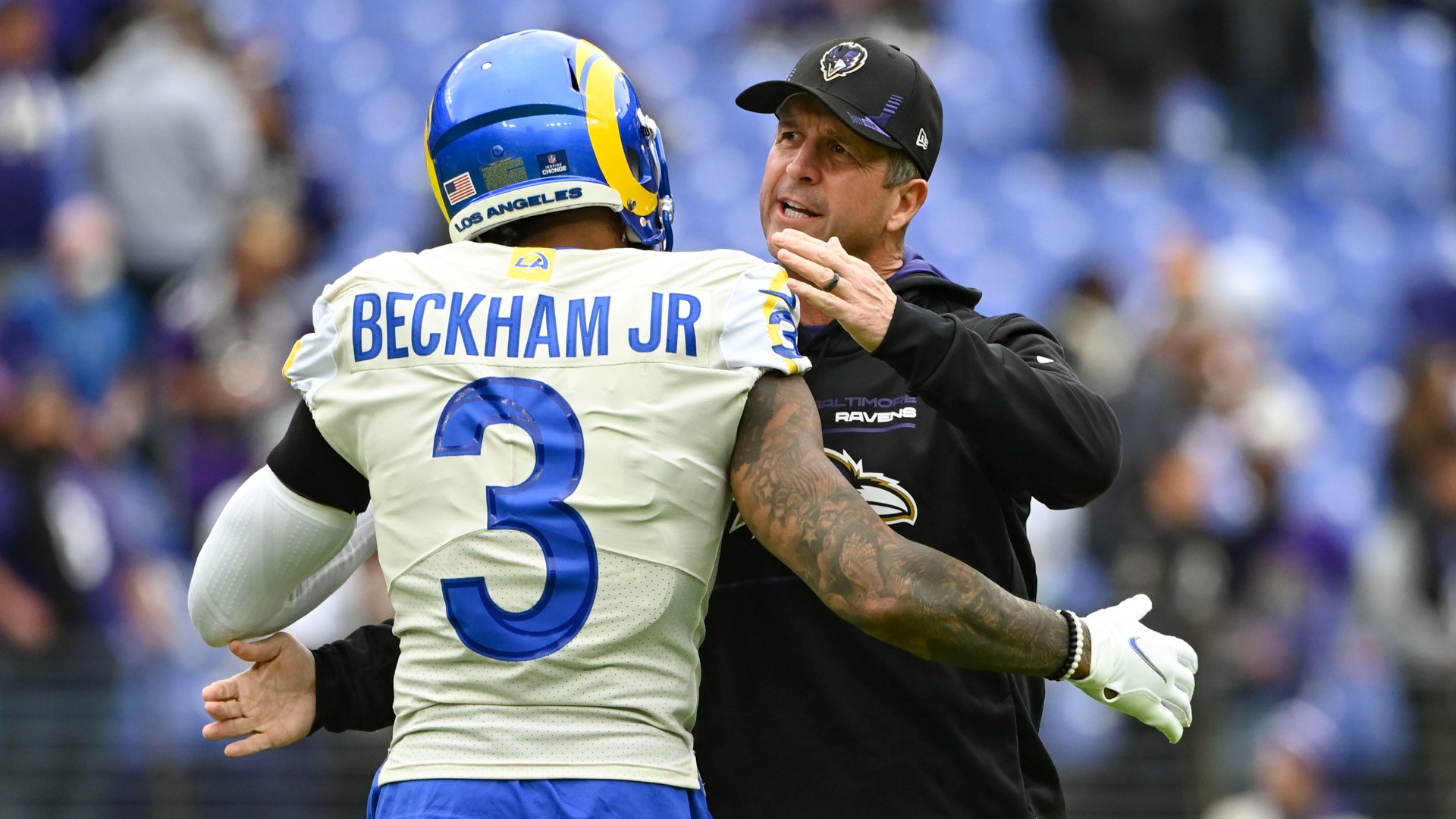 Baltimore Ravens head coach John Harbaugh, receiver Odell Beckham Jr.