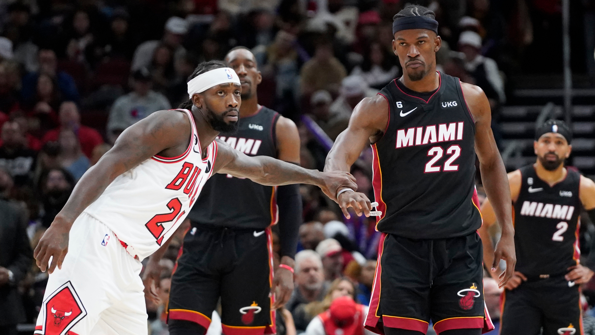Chicago Bulls guard Patrick Beverley and Miami Heat forward Jimmy Butler