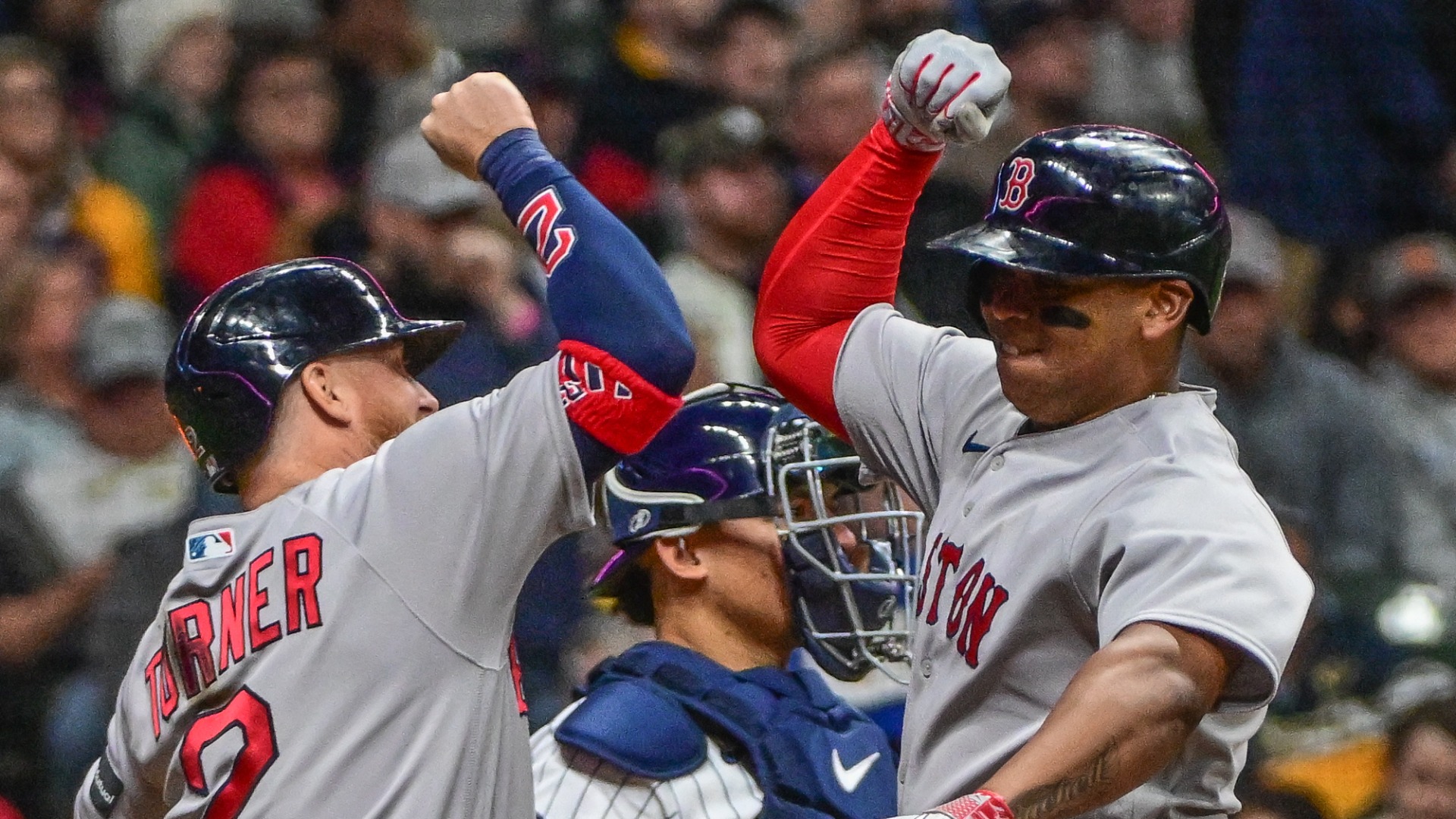 Boston Red Sox third baseman Rafael Devers and first baseman Justin Turner