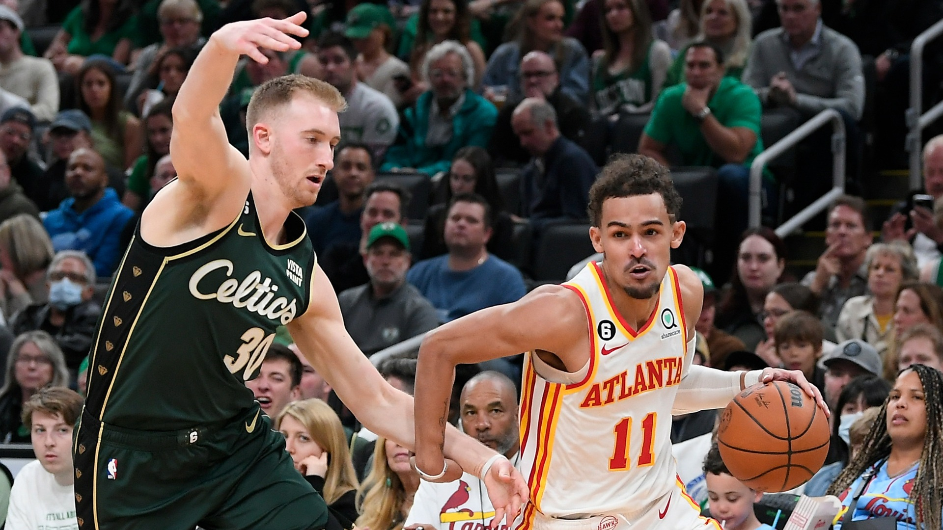 Boston Celtics forward Sam Hauser and Atlanta Hawks guard Trae Young