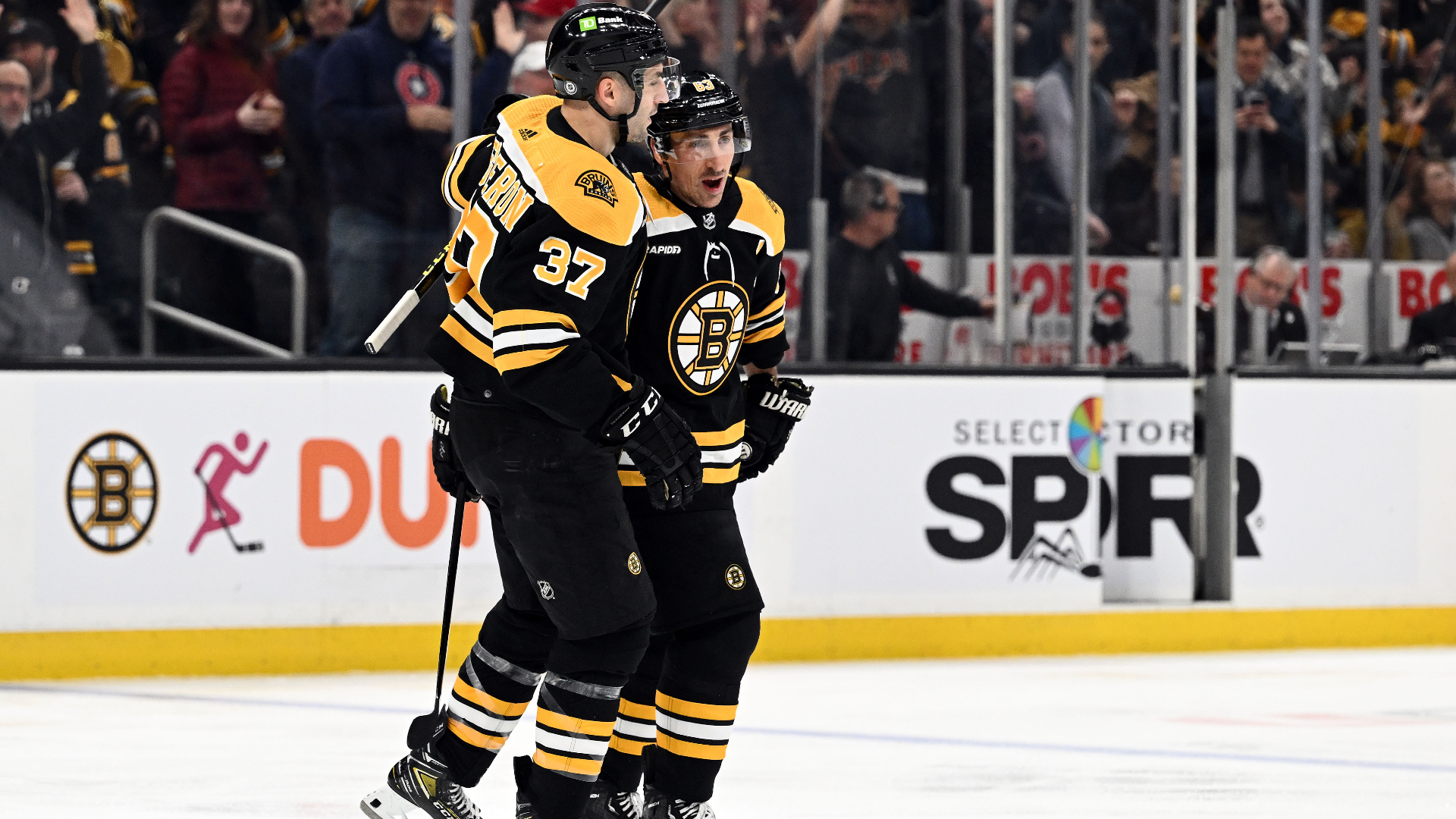 Boston Bruins forwards Brad Marchand, Patrice Bergeron