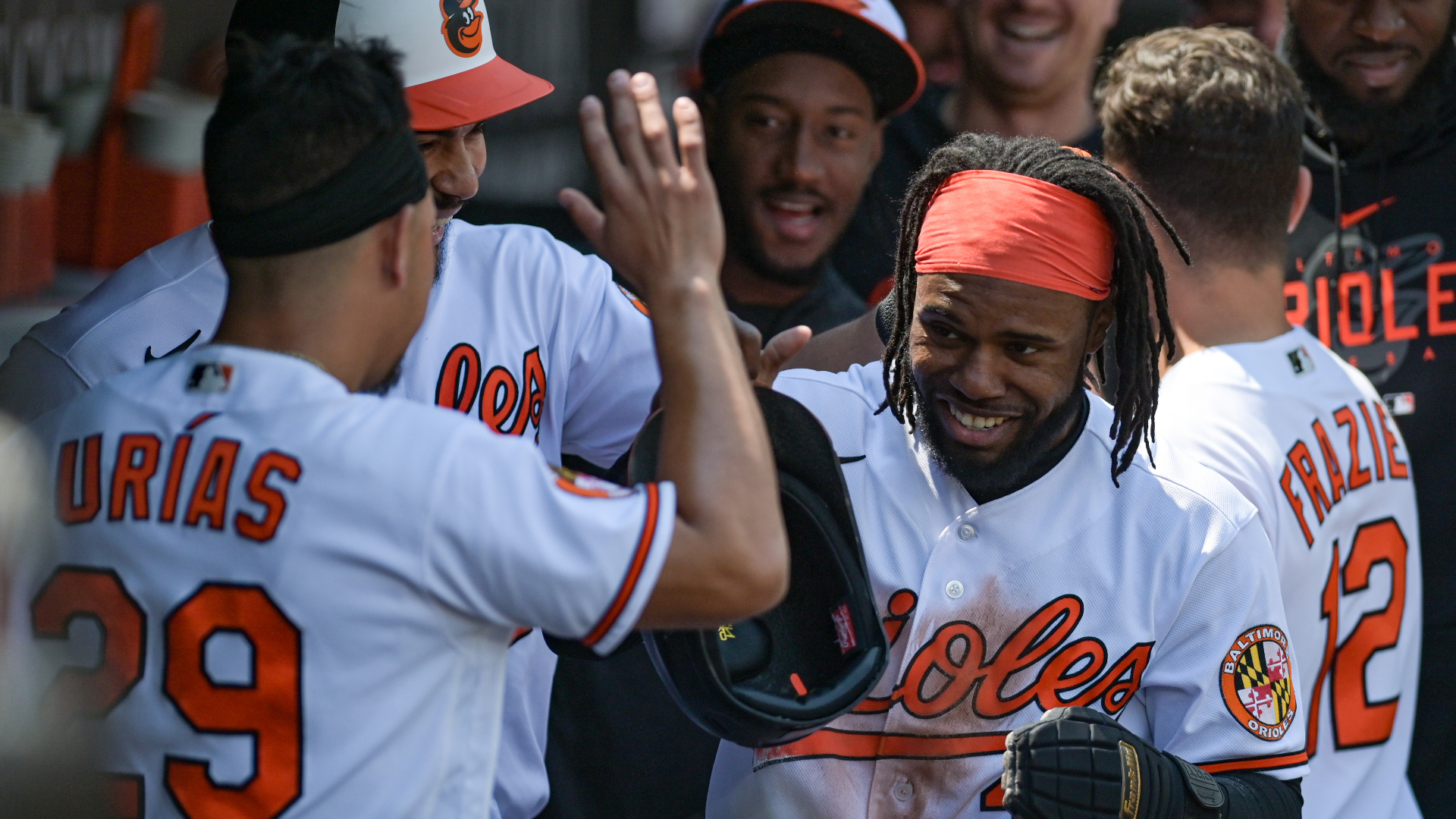 Baltimore Orioles center fielder Cedric Mullins, third baseman Ramón Urías, right fielder Anthony Santander