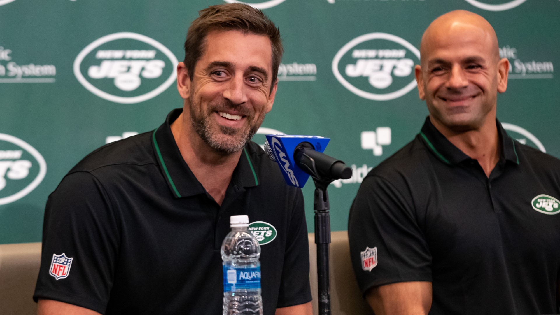 New York Jets quarterback Aaron Rodgers, coach Robert Saleh