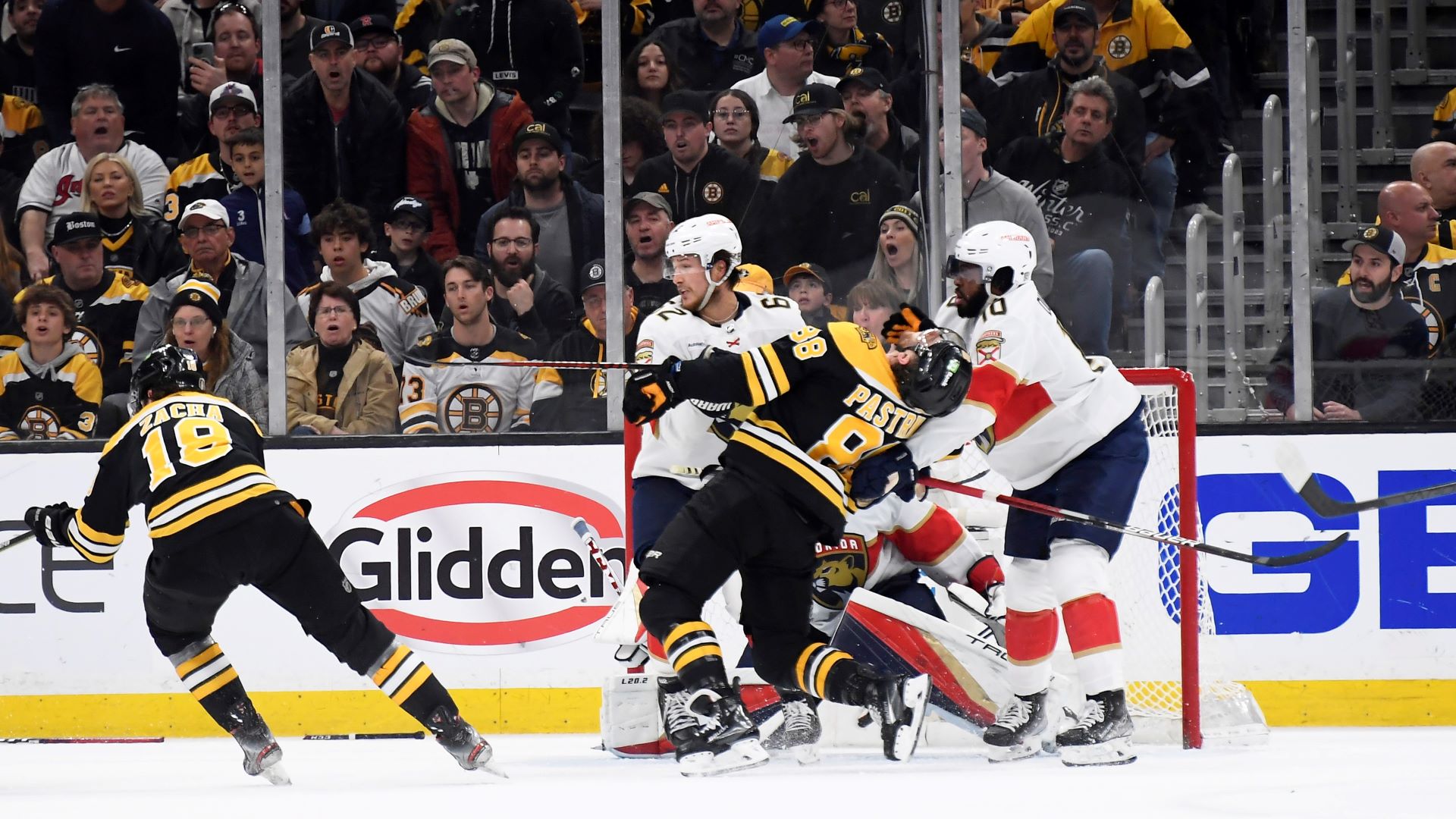 Florida Panthers defenseman Brandon Montour and Boston Bruins right win David Pastrnak