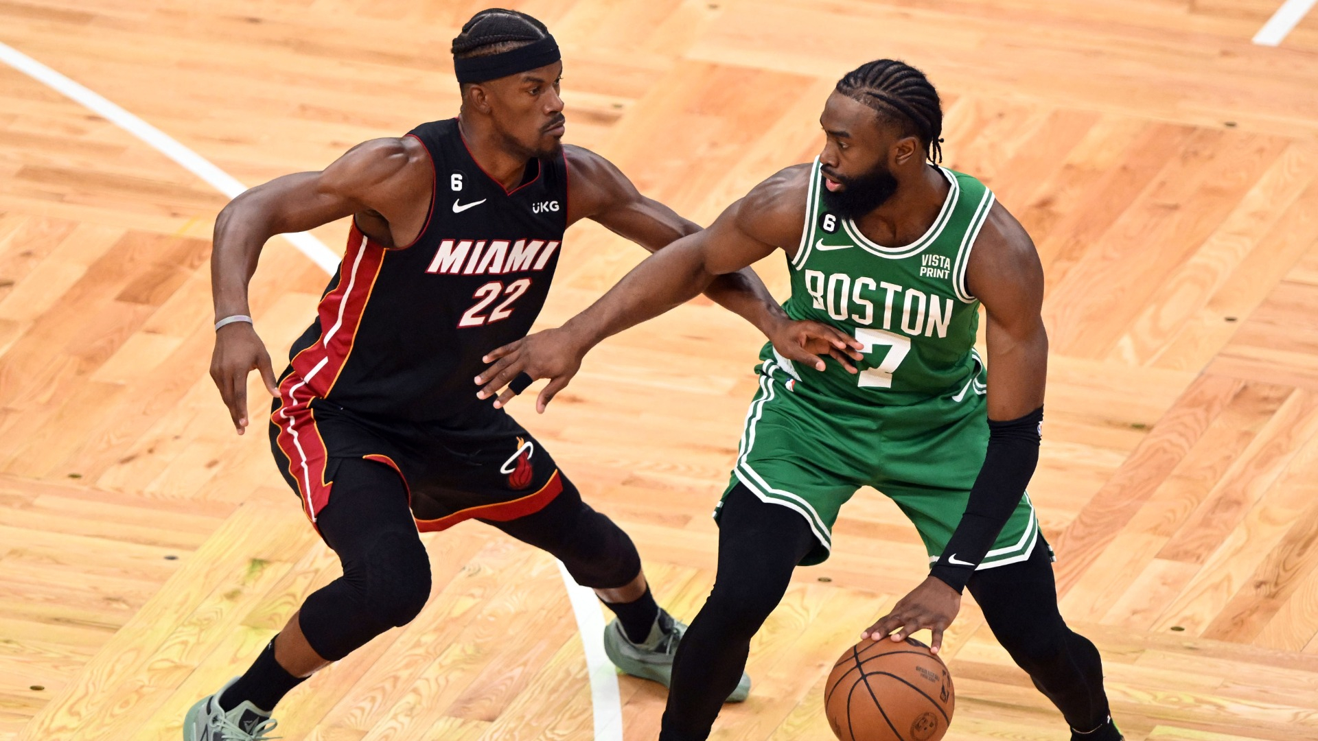 Boston Celtics guard Jaylen Brown and Miami Heat forward Jimmy Butler