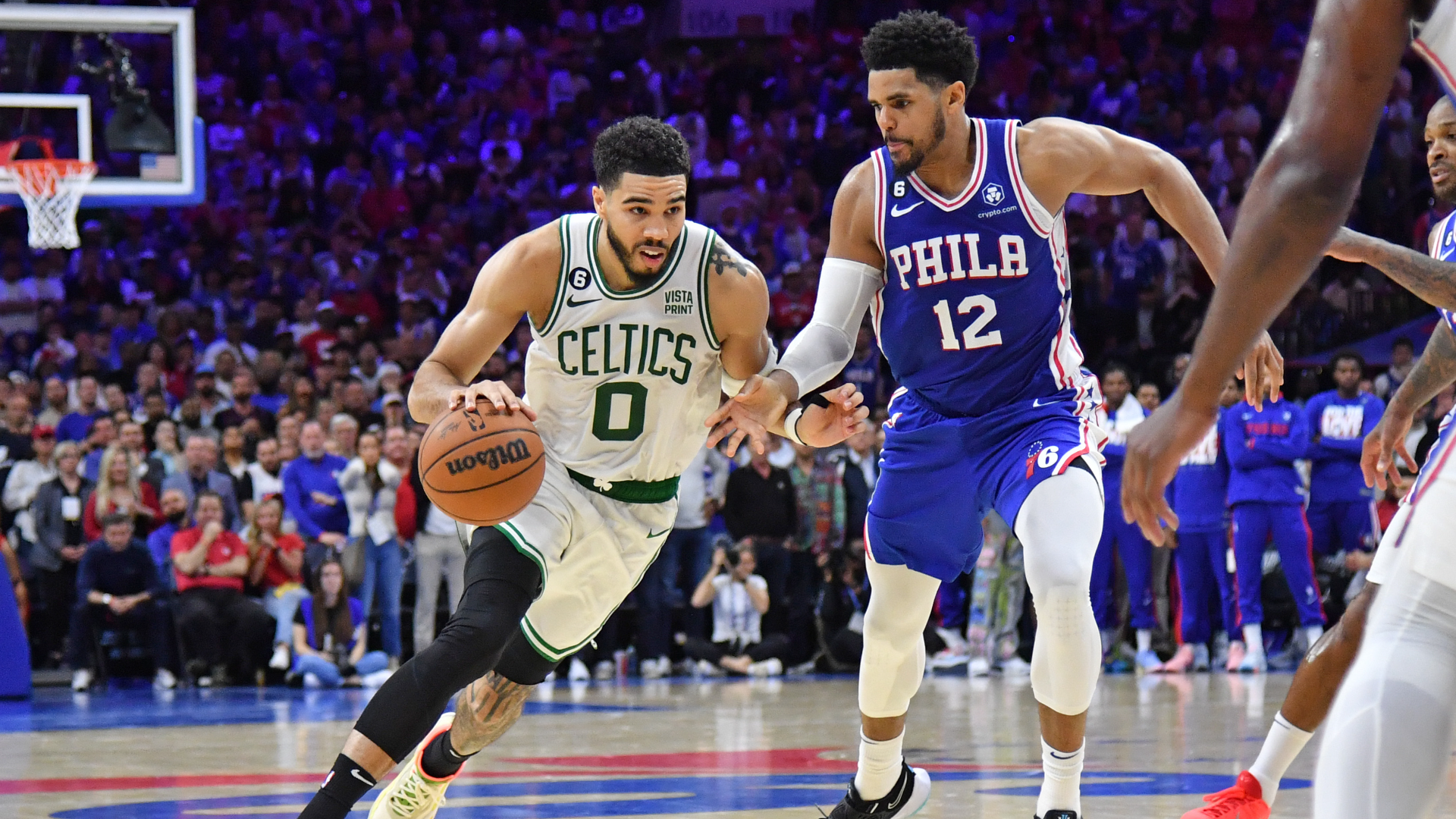 Boston Celtics forward Jayson Tatum and Philadelphia 76ers forward Tobias Harris