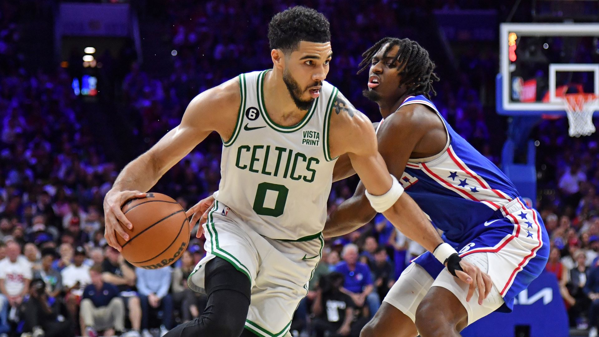 Boston Celtics forward Jayson Tatum and Philadelphia 76ers guard Tyrese Maxey