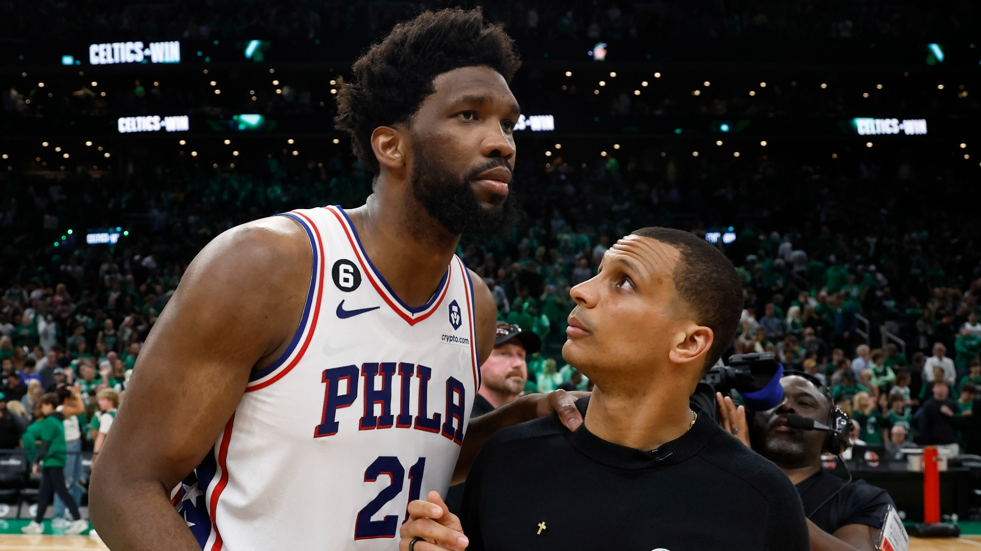 Boston Celtics head coach Joe Mazzulla and Philadelphia 76ers center Joel Embiid