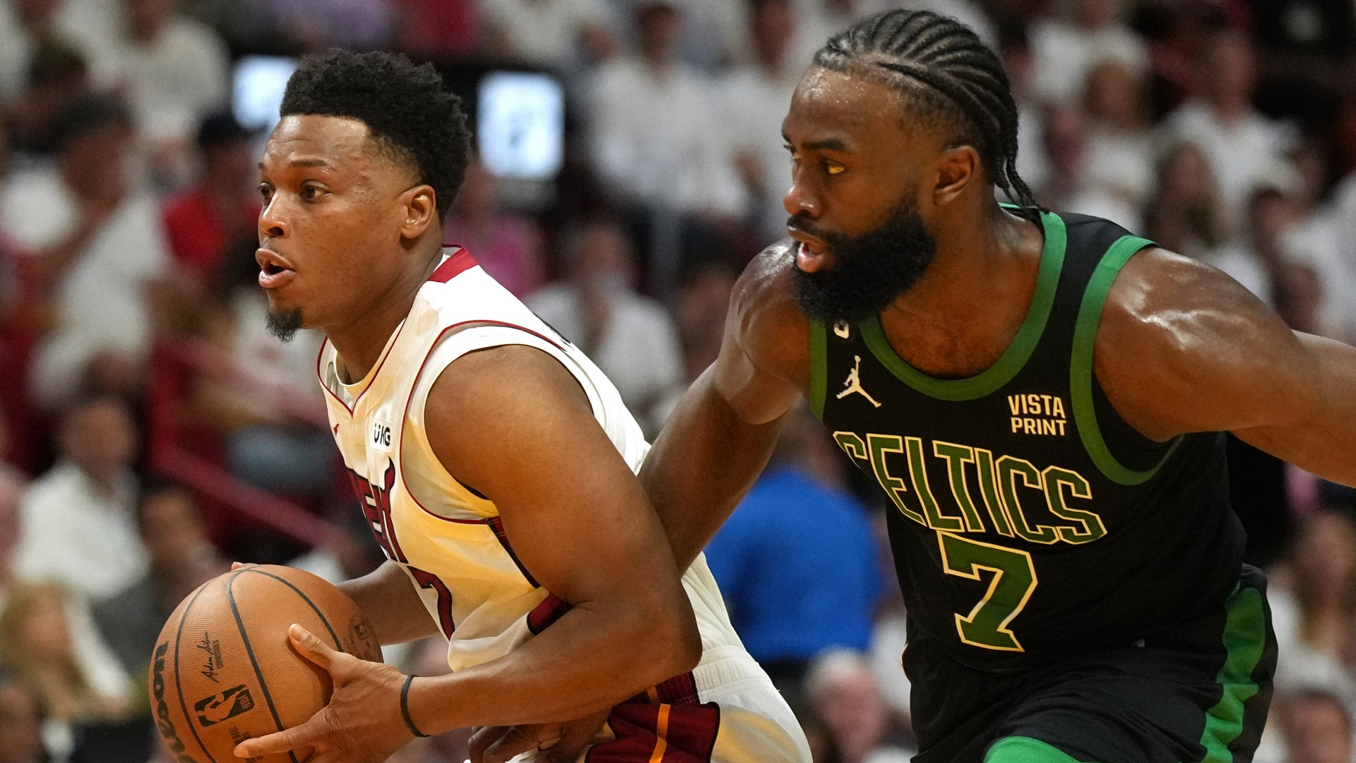 Miami Heat guard Kyle Lowry, Boston Celtics forward Jaylen Brown