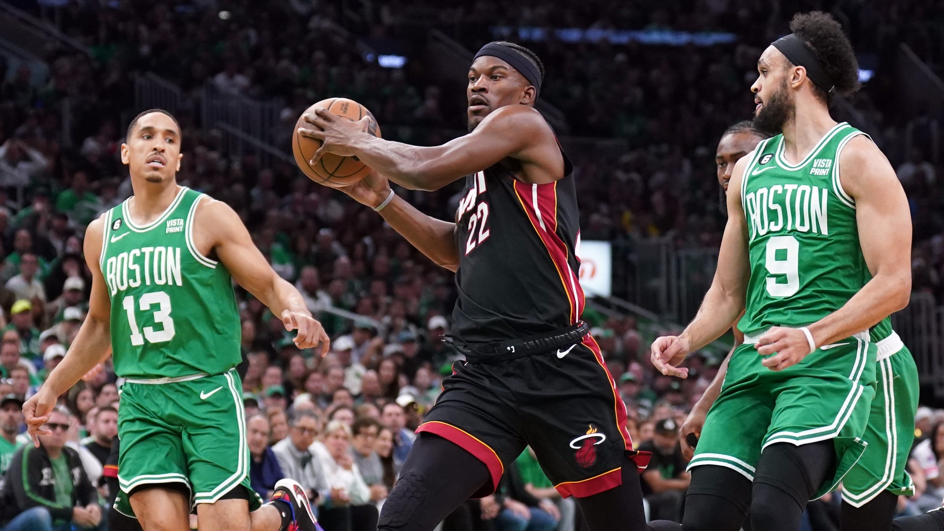 Boston Celtics guards Malcolm Brogdon, Derrick White, Miami Heat guard Jimmy Butler