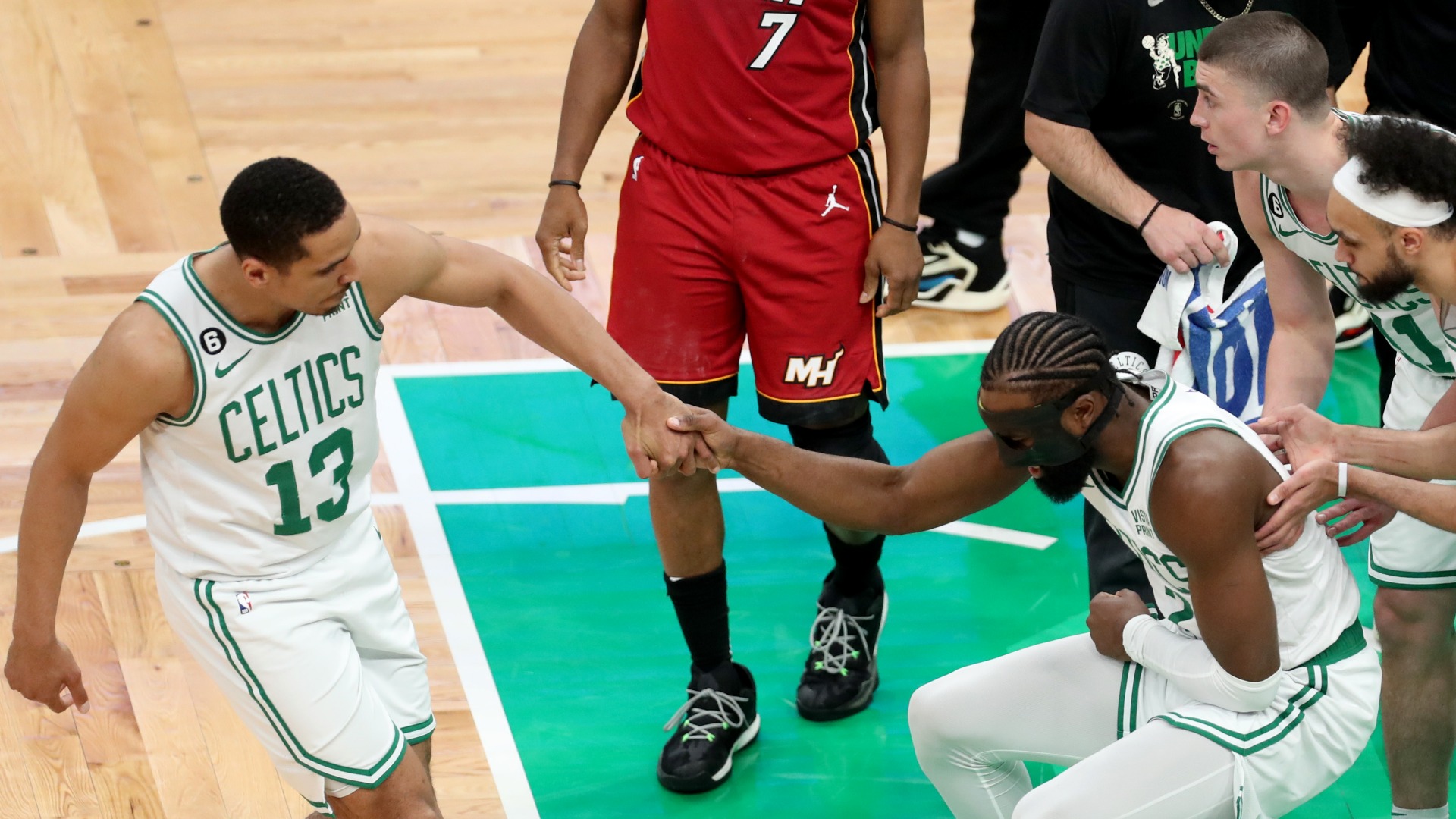 Boston Celtics guard Jaylen Brown, guard Malcolm Brogdon
