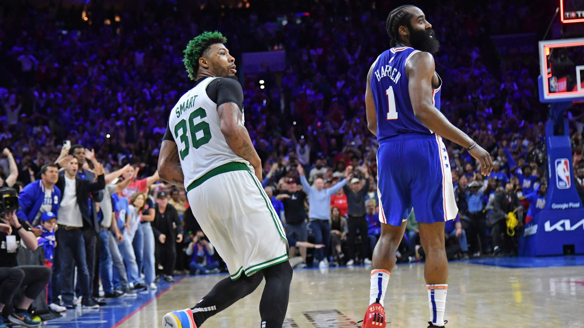 Boston Celtics guard Marcus Smart and Philadelphia 76ers guard James Harden
