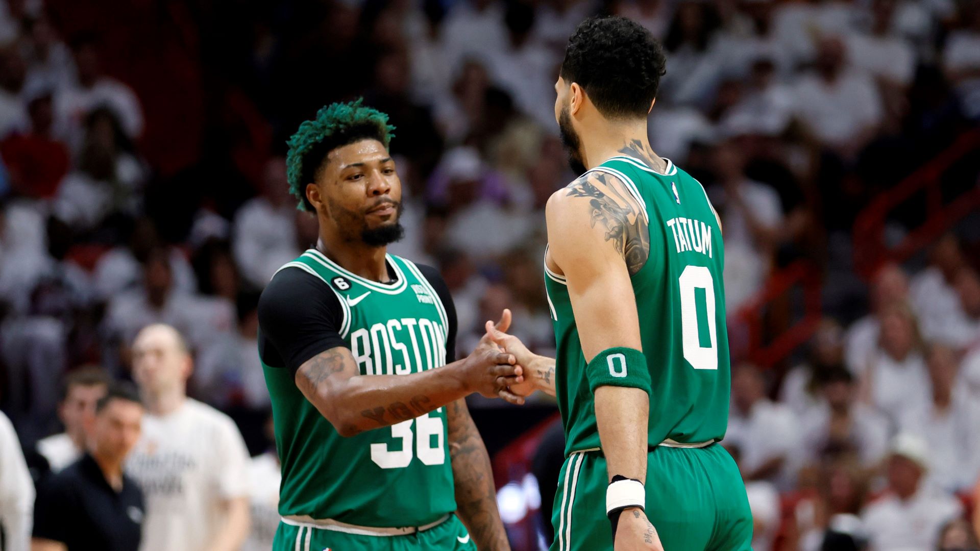 Boston Celtics guard Marcus Smart and forward Jayson Tatum
