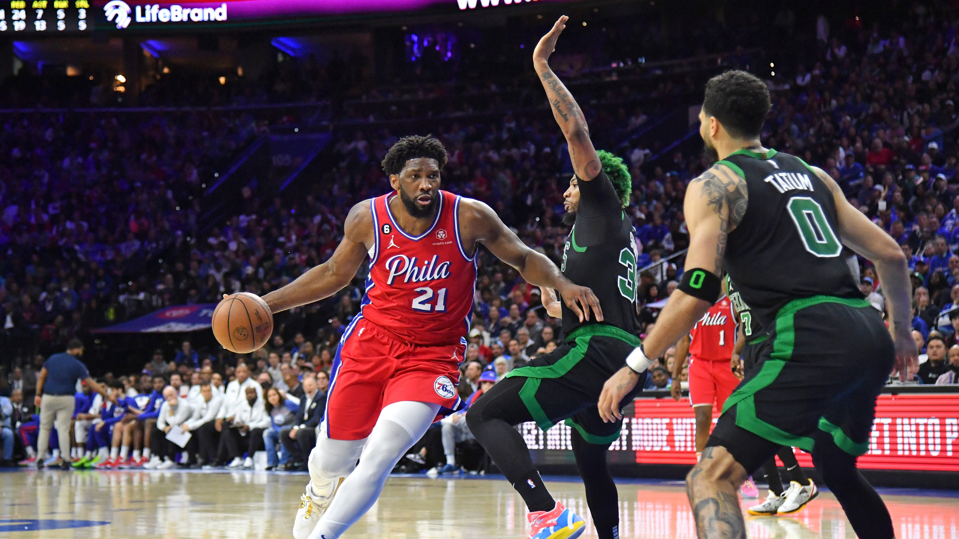 Philadelphia 76ers center Joel Embiid, Boston Celtics guard Marcus Smart, forward Jayson Tatum