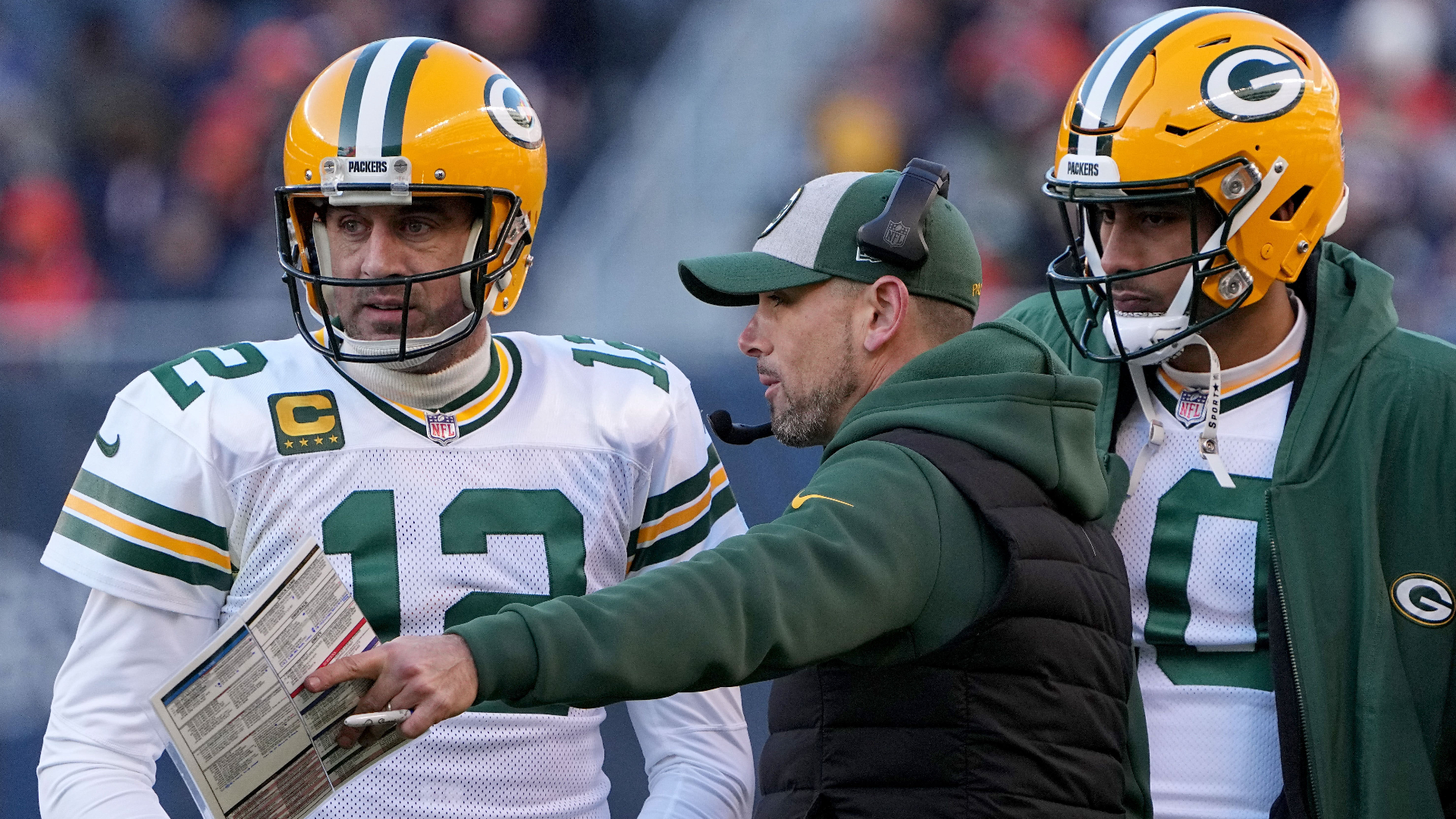 Green Bay Packers quarterback Jordan Love, head coach Matt LaFleur, New York Jets quarterback Aaron Rodgers