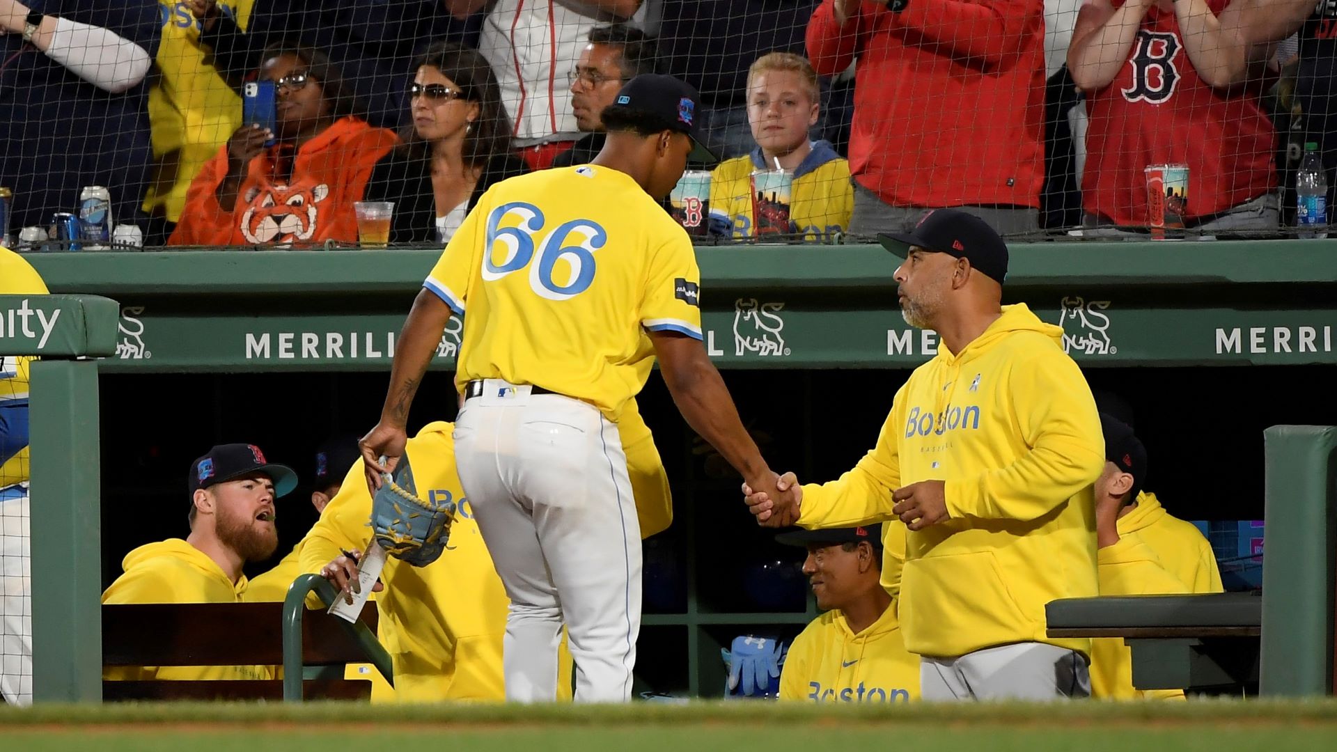 Boston Red Sox pitcher Brayan Bello and manager Alex Cora