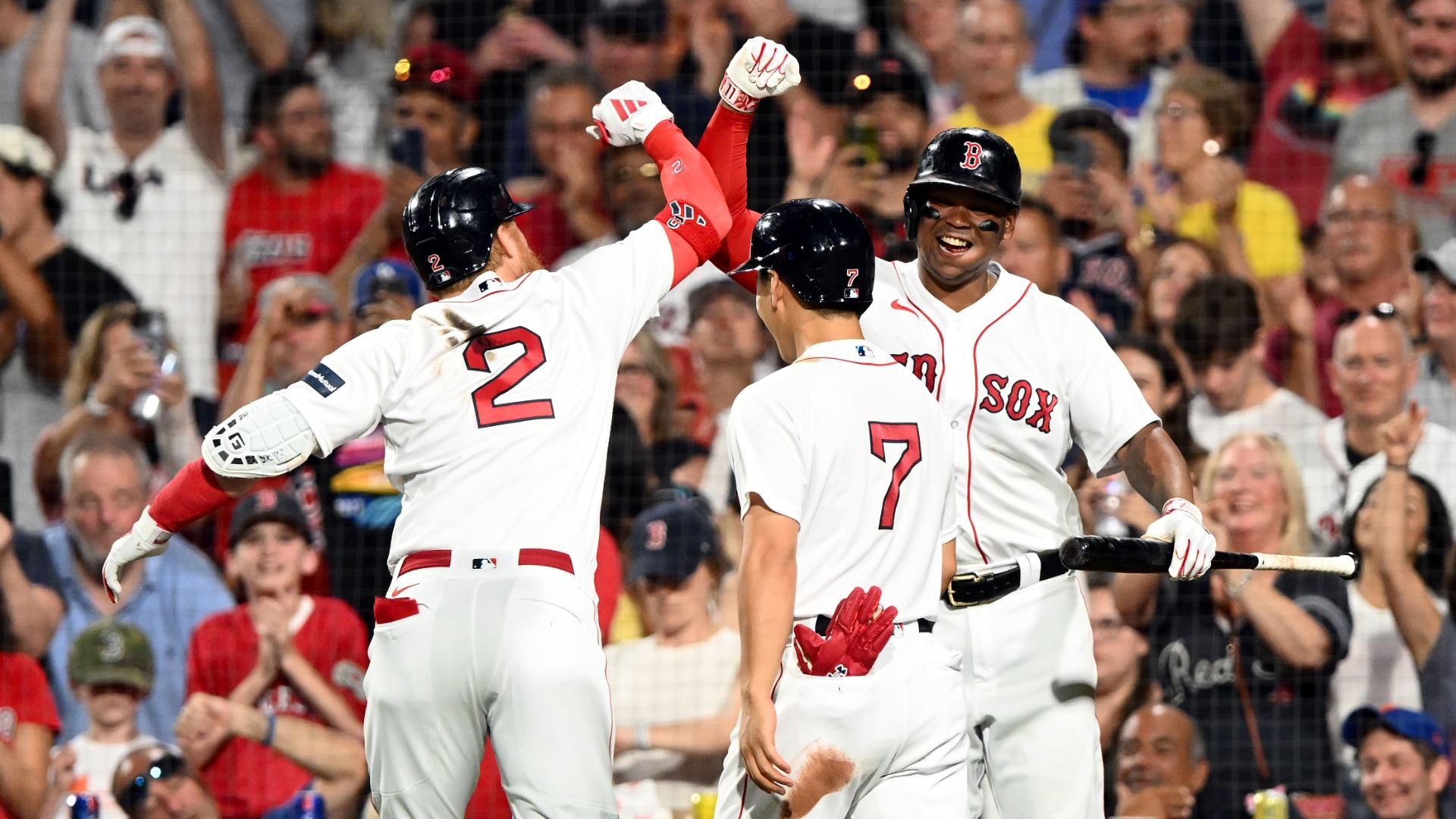 Boston Red Sox teammates Justin Turner, Masataka Yoshida and Rafael Devers
