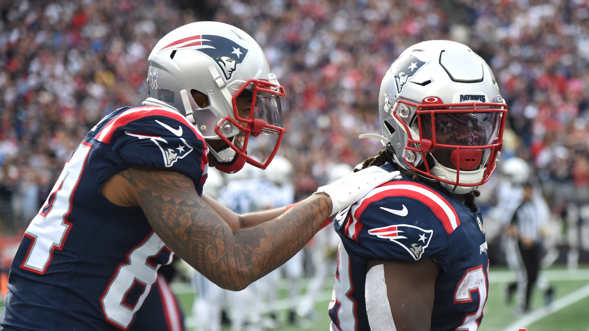 New England Patriots wide receiver Kendrick Bourne and running back Rhamondre Stevenson