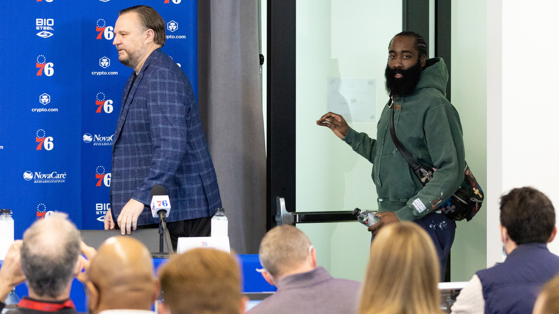 Philadelphia 76ers president of basketball operations Daryl Morey and guard James Harden