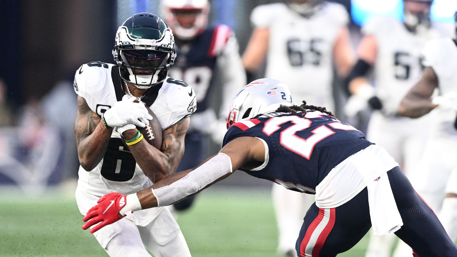 Philadelphia Eagles wide receiver DeVonta Smith, New England Patriots safety Kyle Dugger