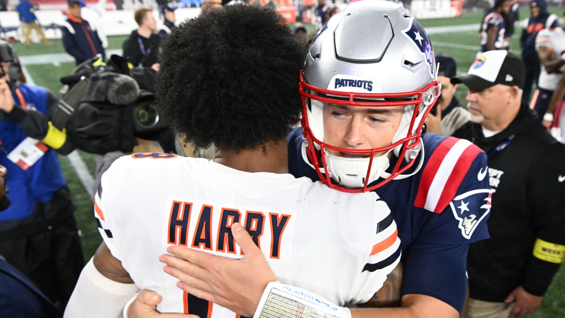 Minnesota Vikings receiver N'Keal Harry and New England Patriots quarterback Mac Jones