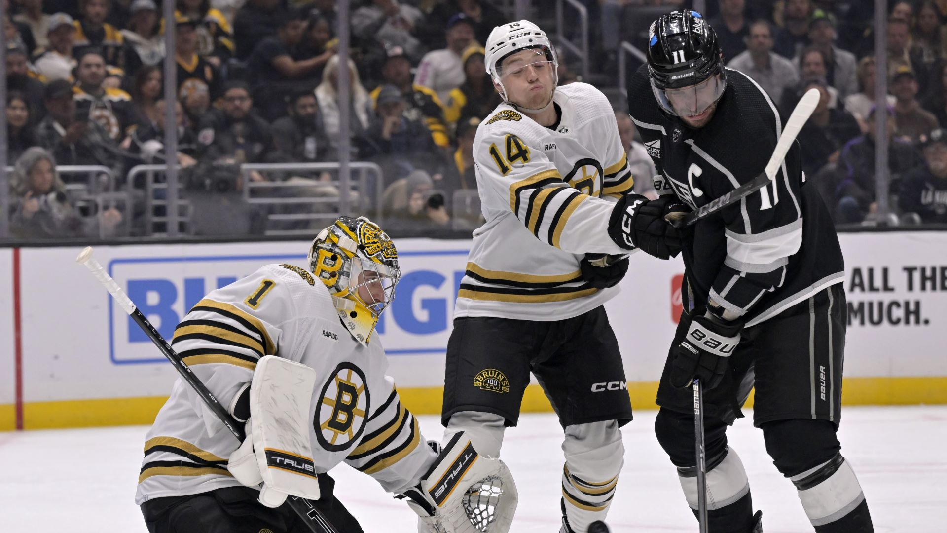 Boston Bruins defenseman Ian Mitchell and Los Angeles Kings center Anze Kopitar