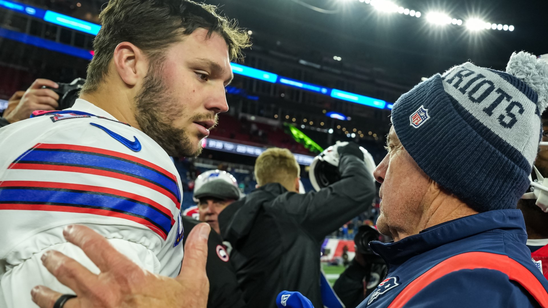 Buffalo Bills quarterback Josh Allen, New England Patriots coach Bill Belichick