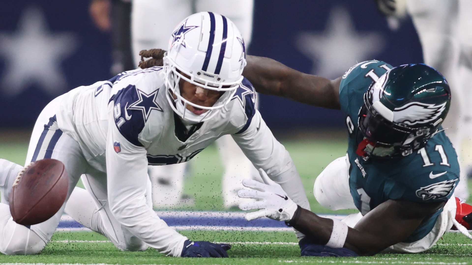 Dallas Cowboys cornerback Stephon Gilmore, Philadelphia Eagles wide receiver A.J. Brown
